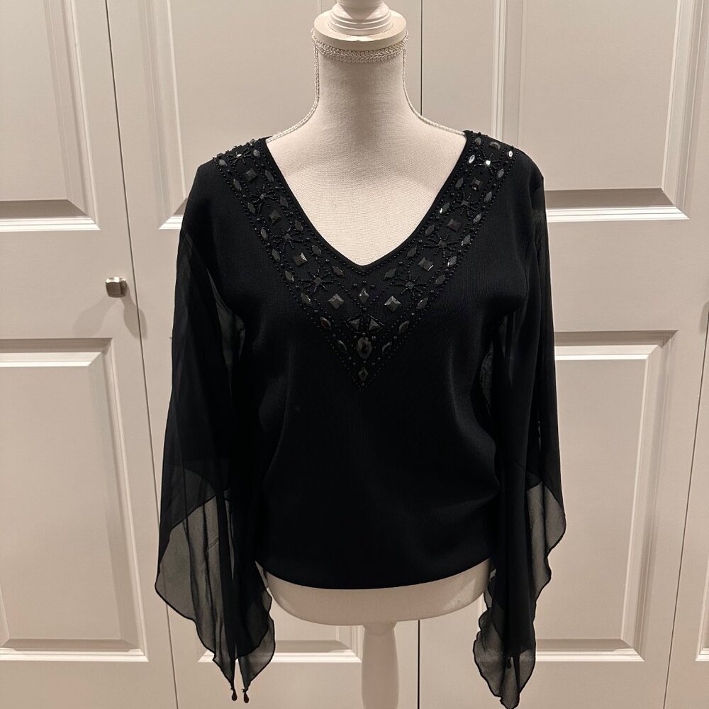 Beaded Spenser Jeremy  size medium black flutter sleeve blouse v-neck beadwork